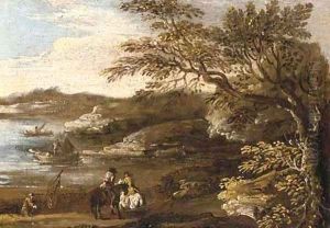 A wooded river landscape with riders on a track and fishermen beyond