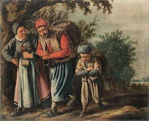 A peasant family carrying baskets on a track on the way to market by Pieter de Molyn