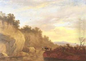 An Italianate landscape with herdsmen and a cow crossing a bridge by Pieter de Molyn