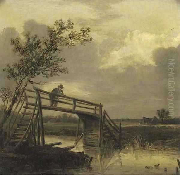 A river landscape with a peasant on a timber bridge - view 1