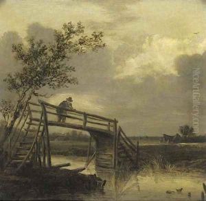 A river landscape with a peasant on a timber bridge by Pieter de Molyn