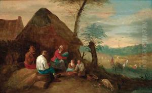 Harvesters resting by a cottage by Theobald Michau