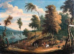 A Dutch river Landscape with Wagons and Travellers on horseback