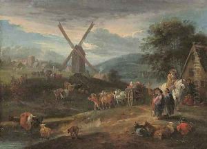 A river landscape with figures and cattle on a track, a windmill and village beyond by Theobald Michau