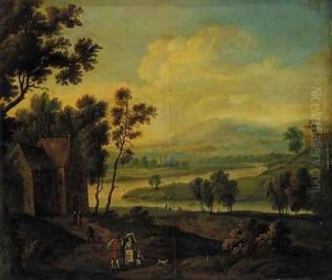 A river landscape with peasants meeting on a track near a cottage