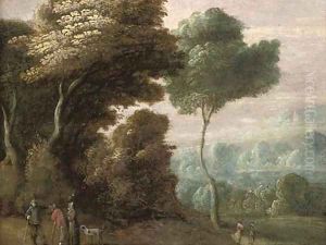 A wooded landscape with figures conversing on a track by Theobald Michau