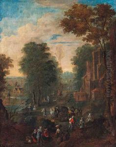A wooded river landscape with travellers on a road by a ruined castle by Theobald Michau