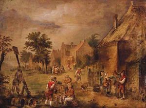 Peasants outside an inn in a village by Theobald Michau