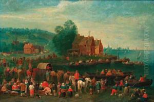 A river landscape with townsfolk waiting to alight boats, a town beyond