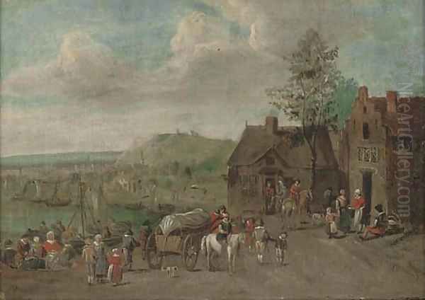 A river landscape with travellers by an inn - view 1