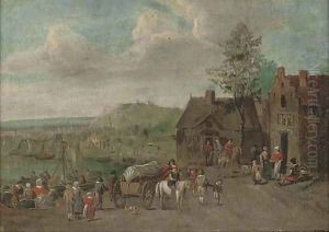A river landscape with travellers by an inn by Theobald Michau