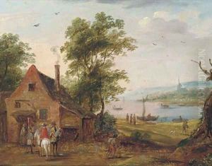 A river landscape with travellers halted at an inn