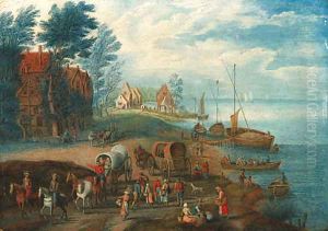 A river landscape with travellers on a path and peasants boating by Theobald Michau