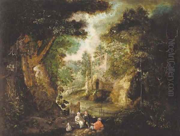A wooded landscape with peasants resting on a track by a stream, a bridge beyond - view 1