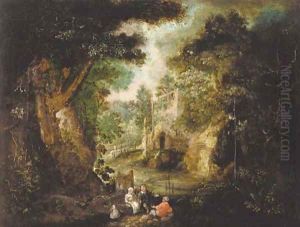 A wooded landscape with peasants resting on a track by a stream, a bridge beyond by Theobald Michau