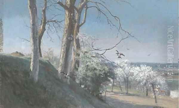 A landscape with cherry trees and swallows - view 1