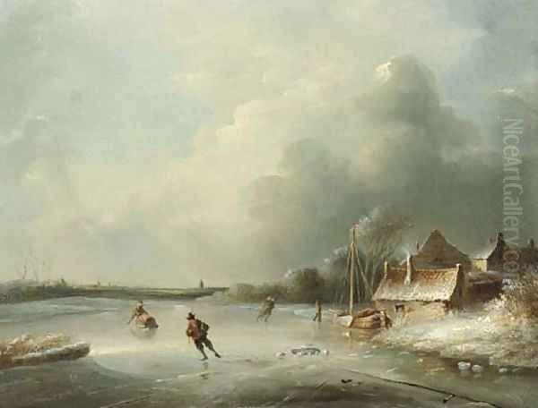 A frozen waterway with figures skating - view 1