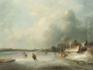 A frozen waterway with figures skating