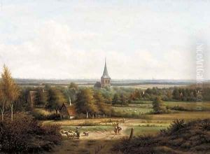A panoramic view of a valley with a village in the foreground