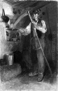 An old peasant in a interior, sharpening his scythe An old peasant in a interior, sharpening his scythe
