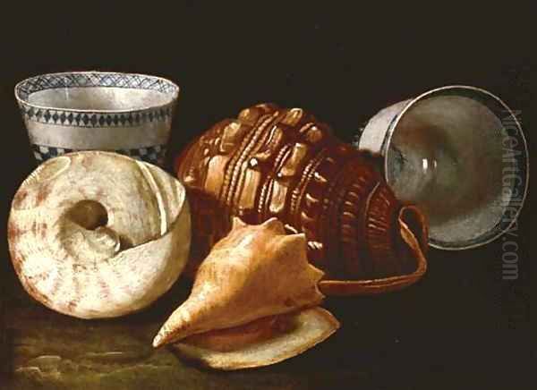 Three shells and two ceramic bowls - view 1