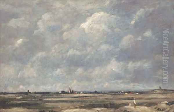 Figures in an expansive landscape, a windmill beyond - view 1