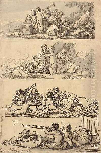Putti making music and studying astronomy and navigation Four designs for book illustrations - view 1