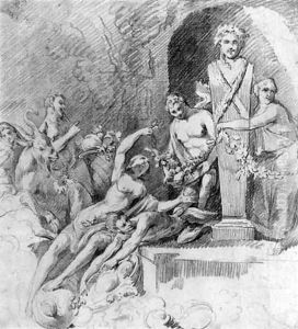 Satyrs and bacchants making an offering to an herm near a grotto (recto and verso) by Louis Masreliez