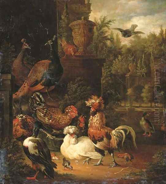 A rooster with hens, chicks, ducks, peacocks and pigeons - view 1