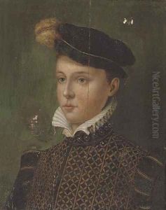 Portrait of a boy, half-length, in a black plumed cap and a gold embroidered black doublet by Antonis Mor