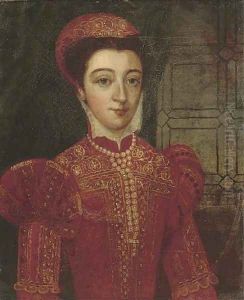 Portrait of a lady, half-length, in a red embroidered doublet and pearls by Antonis Mor