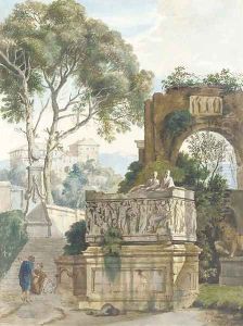 A classical landscape with two women by a Roman sarcophagus by Isaac de Moucheron