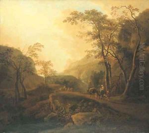 An Italianate landscape with travellers on a wooded mountain path by Isaac de Moucheron