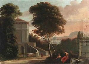 Classical figures in a wooded italianate landscape, with the Basilica of Saint Peter beyond by Isaac de Moucheron