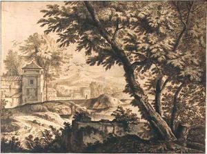 Trees by a ruined wall near a dovecote by a cloister by Isaac de Moucheron