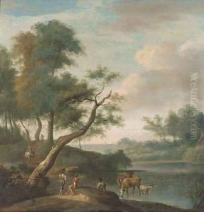 A landscape with travellers on a track and cattle and drovers at a ford