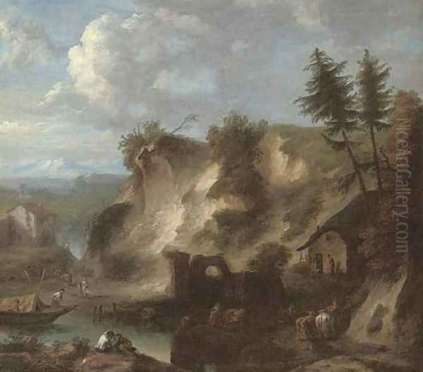 A mountainous river landscape with herdsmen and their cattle by a farm - view 1