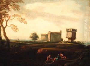 An Italianate landscape with peasants resting by a stream by Isaac de Moucheron
