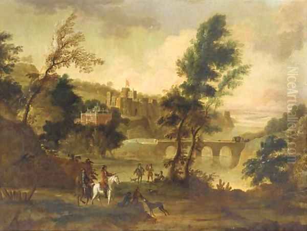 A hawking party resting in a landscape, a castle beyond - view 1