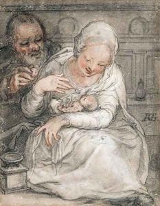 The Holy Family in an interior by Jacob Matham