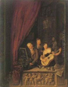 Elegant company making music in an interior, in a sculpted niche by Louis Moritz