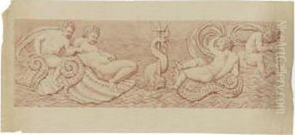 A Relief With Four Putti Riding Sea Shells, A Dolphin And Tridentat The Center - view 1