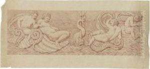 A Relief With Four Putti Riding Sea Shells, A Dolphin And Tridentat The Center