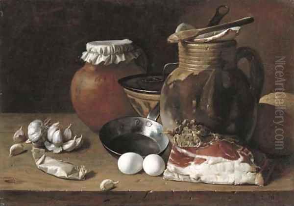 Ham, eggs, cloves of garlic, bread, terracotta pots and a frying pan on a wooden ledge - view 1