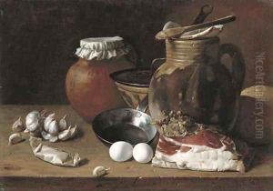 Ham, eggs, cloves of garlic, bread, terracotta pots and a frying pan on a wooden ledge