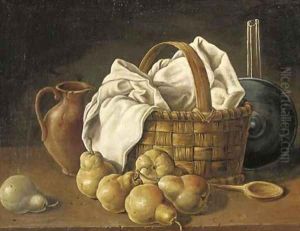 An earthenware jug, a basket with a white table-cloth