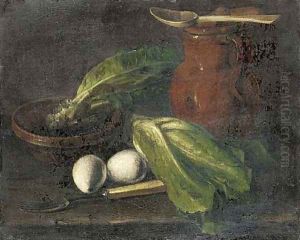 Eggs, lettuce, a jug, a bowl of lettuce and a fork on a table