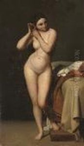 A Female Nude, Full-length, Removing A Pearl Earring From Her Ear, Standing By A Bed