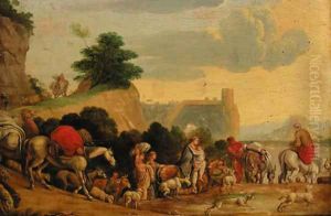 Travellers with goats, cattle and dogs on a track