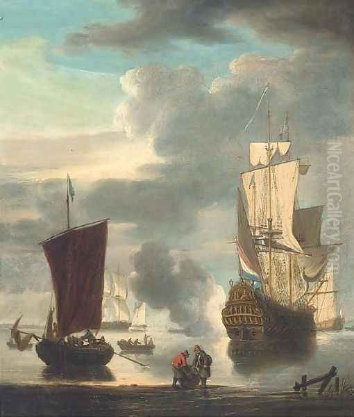 A Dutch man-o'war signalling its departure from the anchorage - view 1